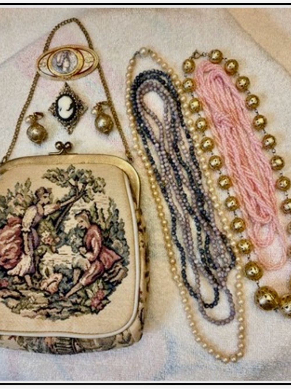 Vintage Estate Lot-Tapestry Scenic Figural Purse, Vintage Jewelry